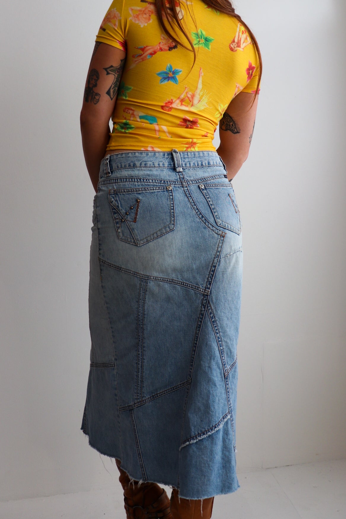 90s Distressed Denim Midi Skirt