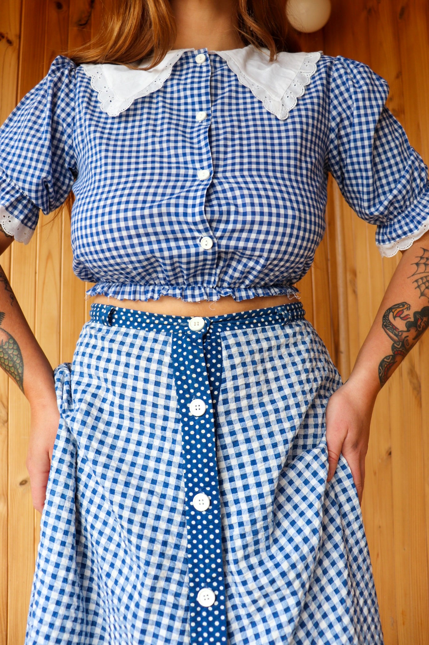 70s Blue Gingham Prairie Crop