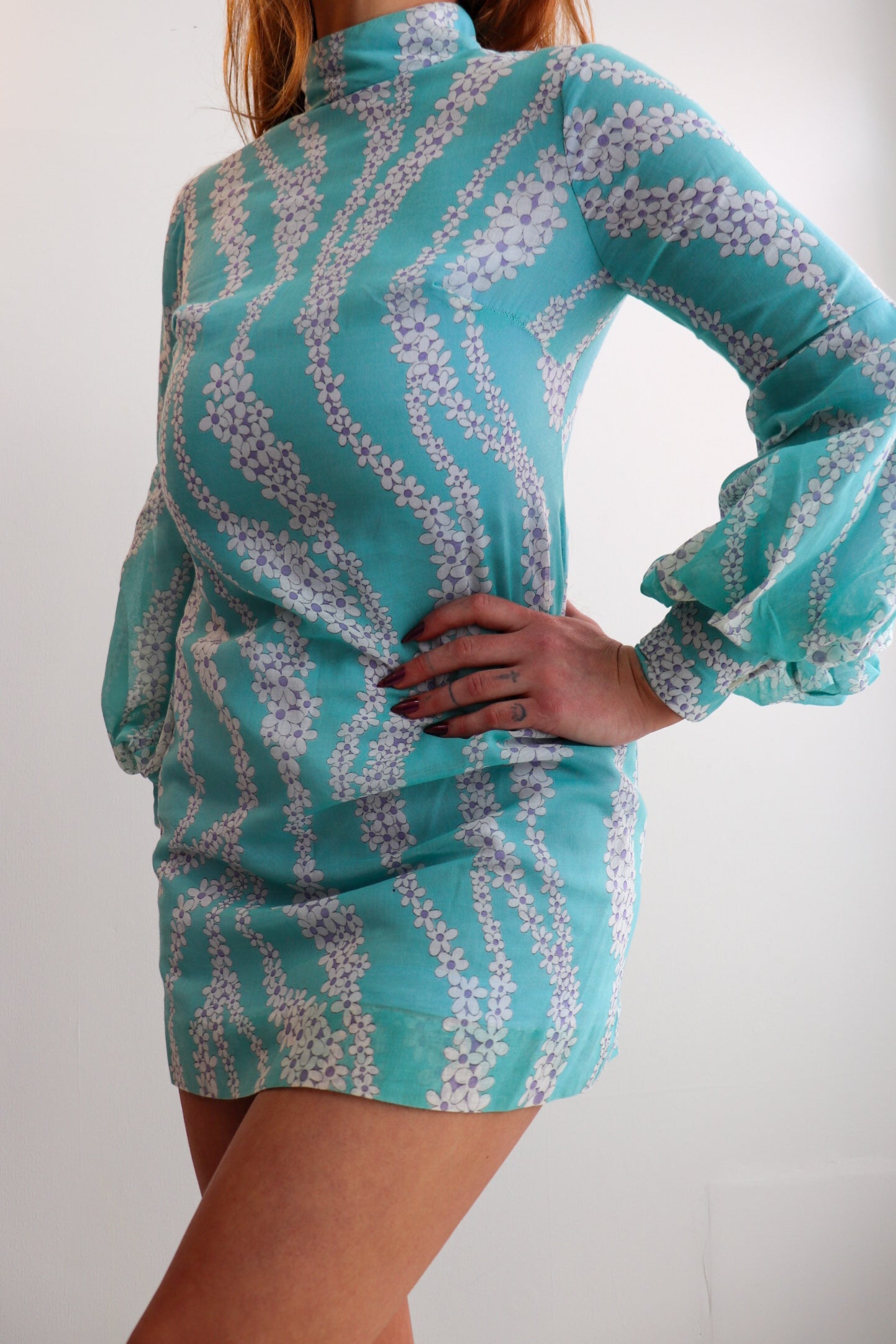 Blue Balloon Sleeve Mini Dress