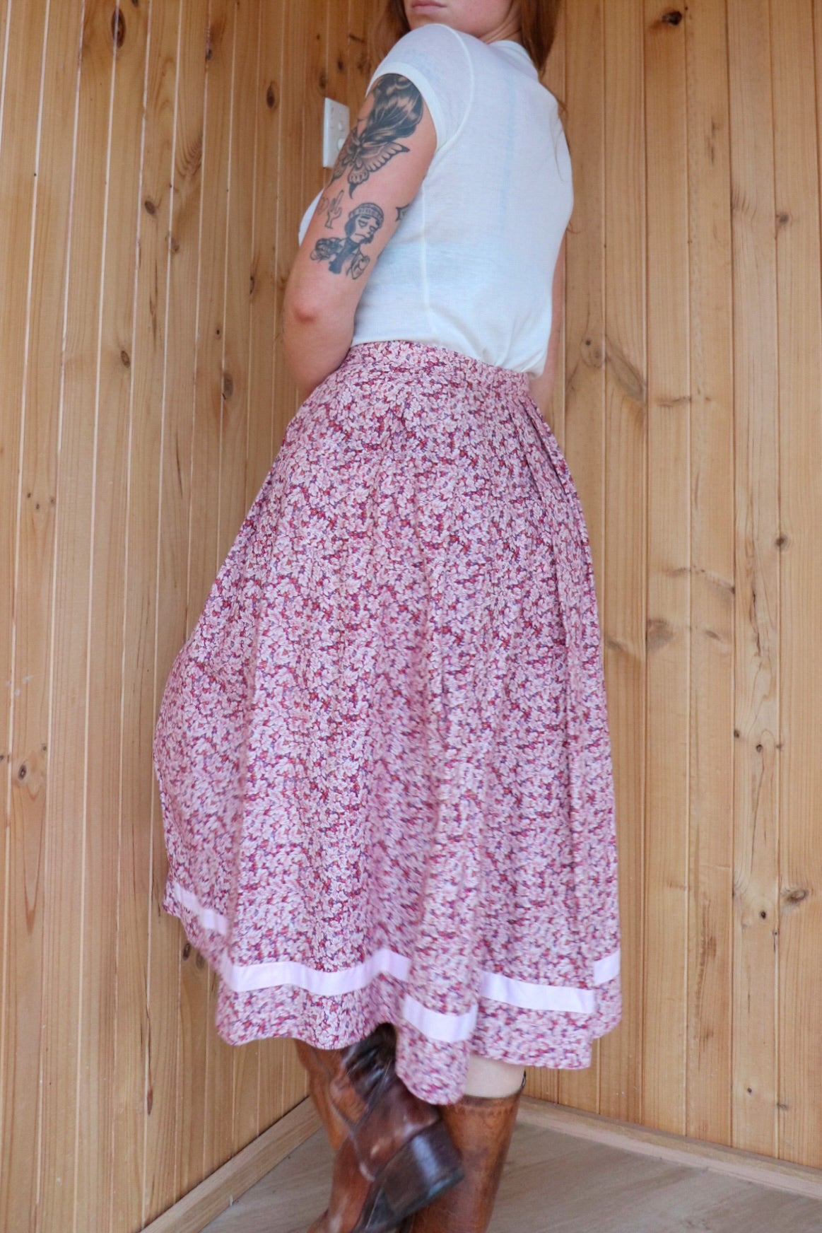 Red Floral Prairie Midi Skirt