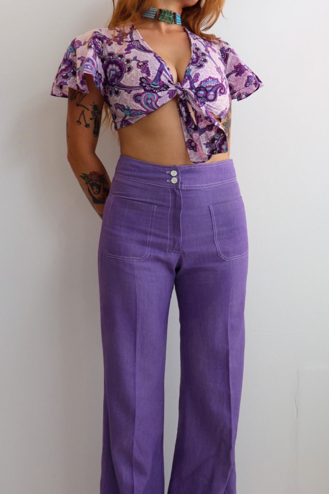 Purple Paisley Tie Front Crop