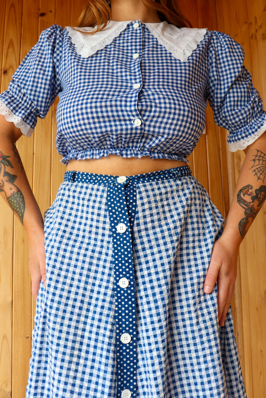 70s Blue Gingham Prairie Crop