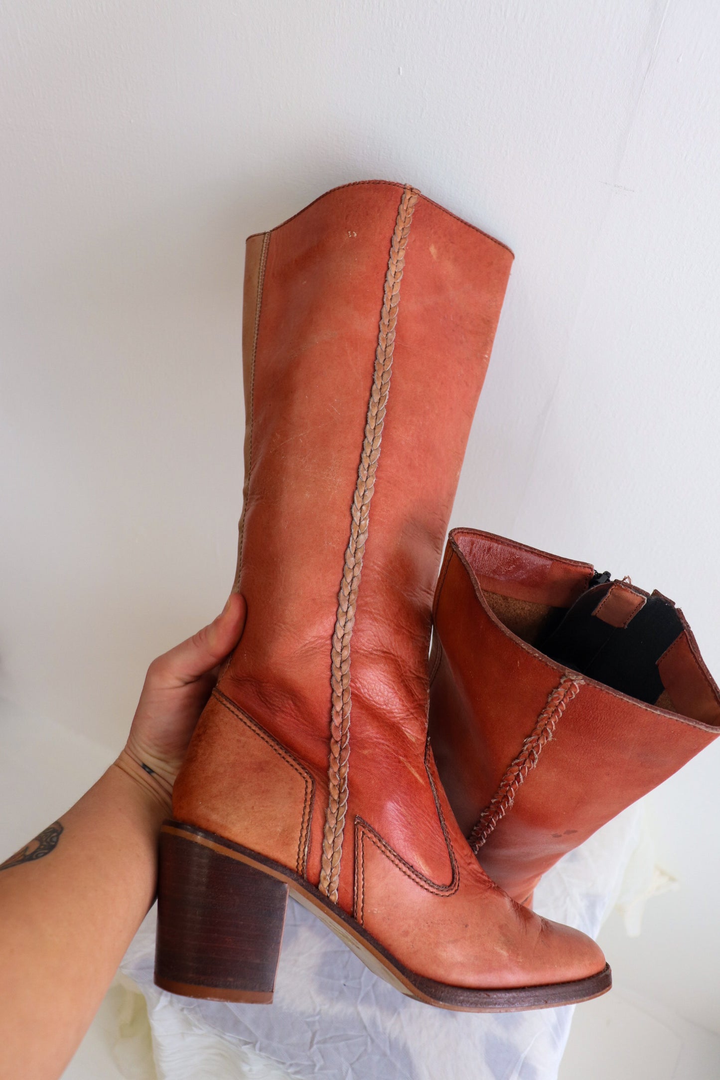 Blush Red Knee High Leather Boots