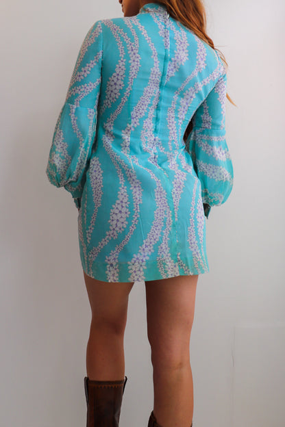 Blue Balloon Sleeve Mini Dress