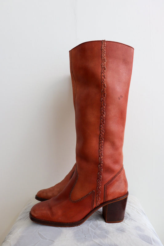 Blush Red Knee High Leather Boots