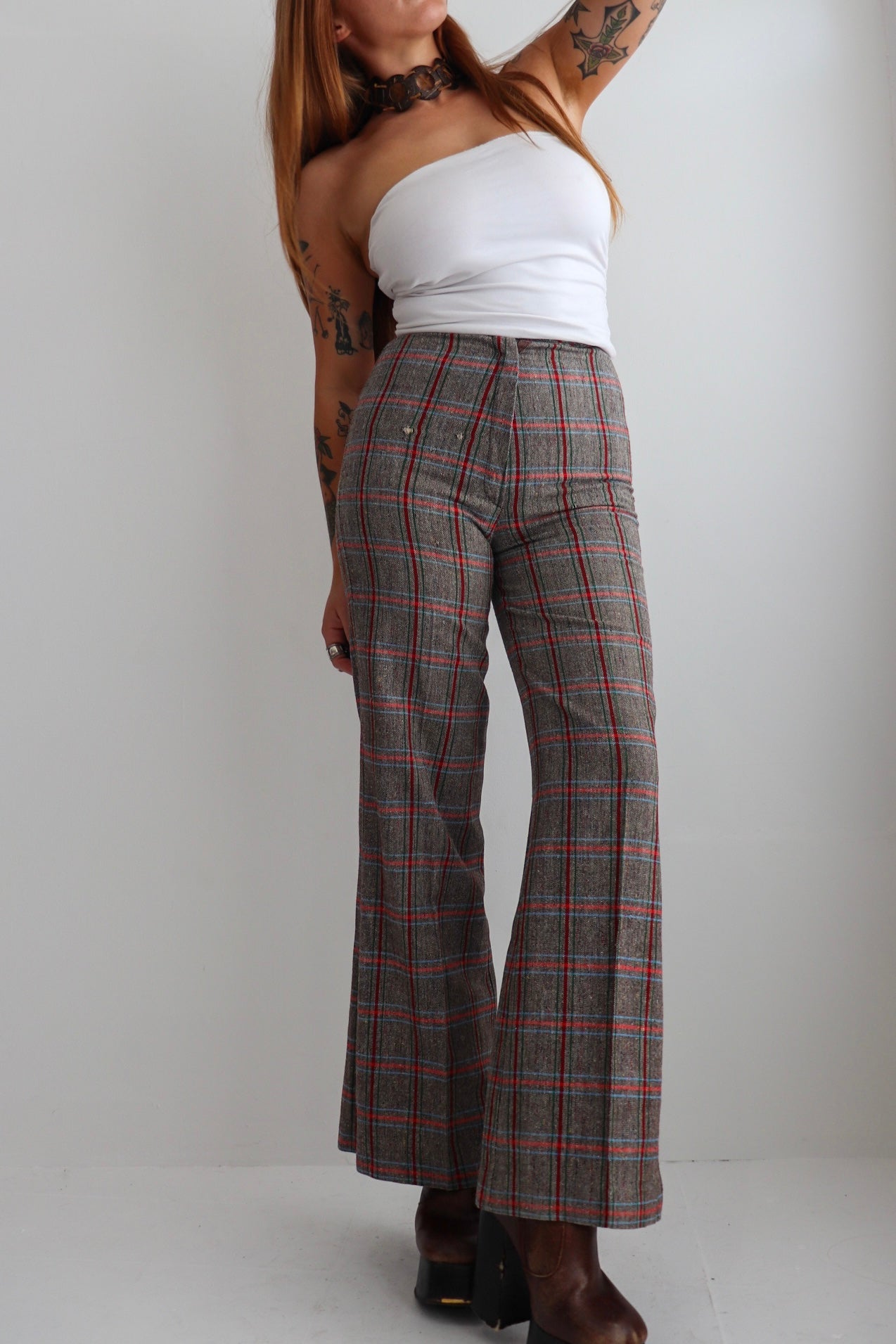 High Rise Tartan Wool Flares