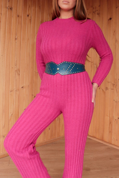 60s Pink Knit Flared Jumpsuit