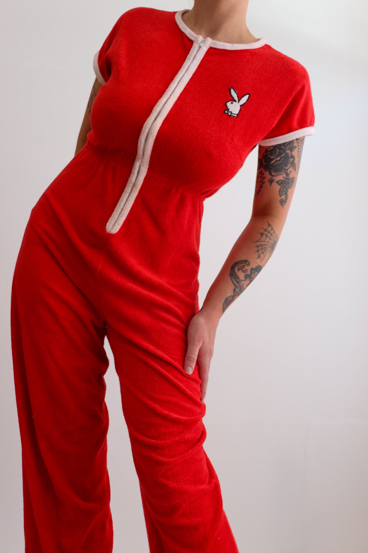 70s Playboy Red Terry Towelling Jumpsuit