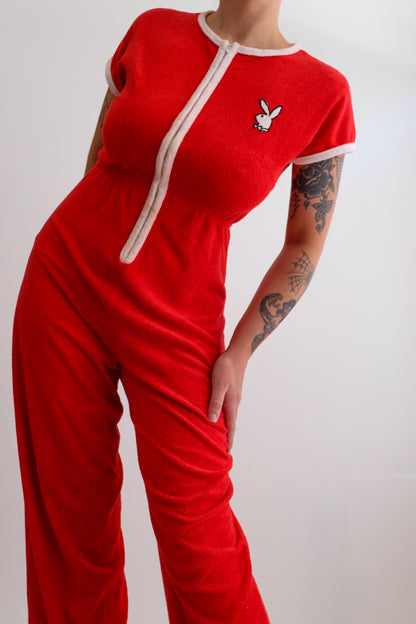 70s Playboy Red Terry Towelling Jumpsuit