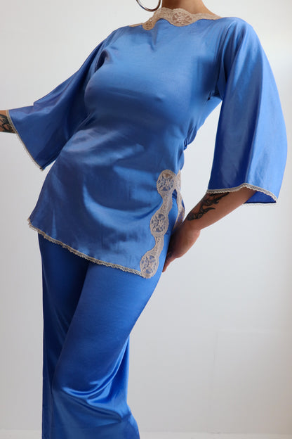 Blue Satin Lace Trim Two Piece
