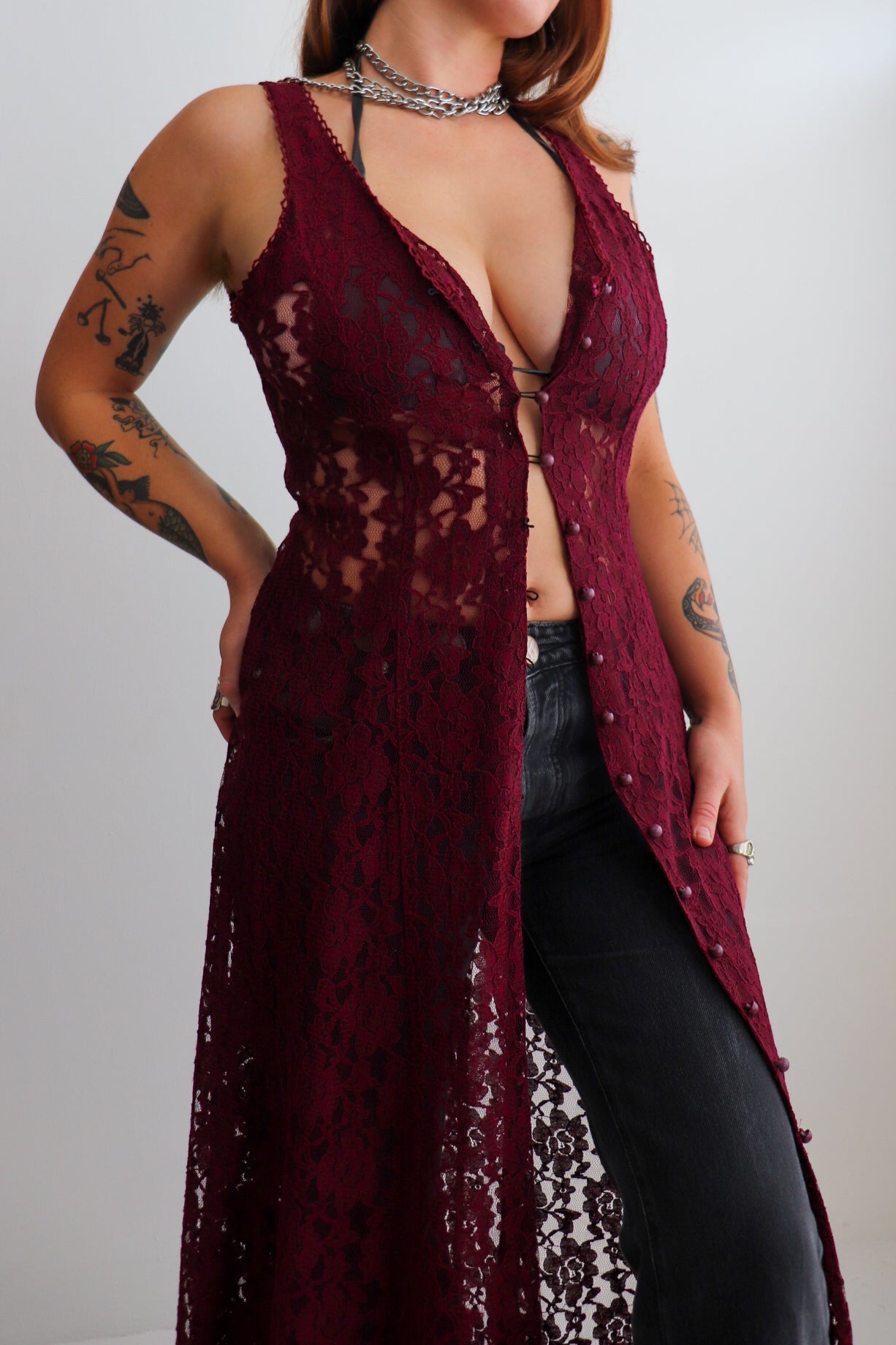 90s Burgundy Lace Duster