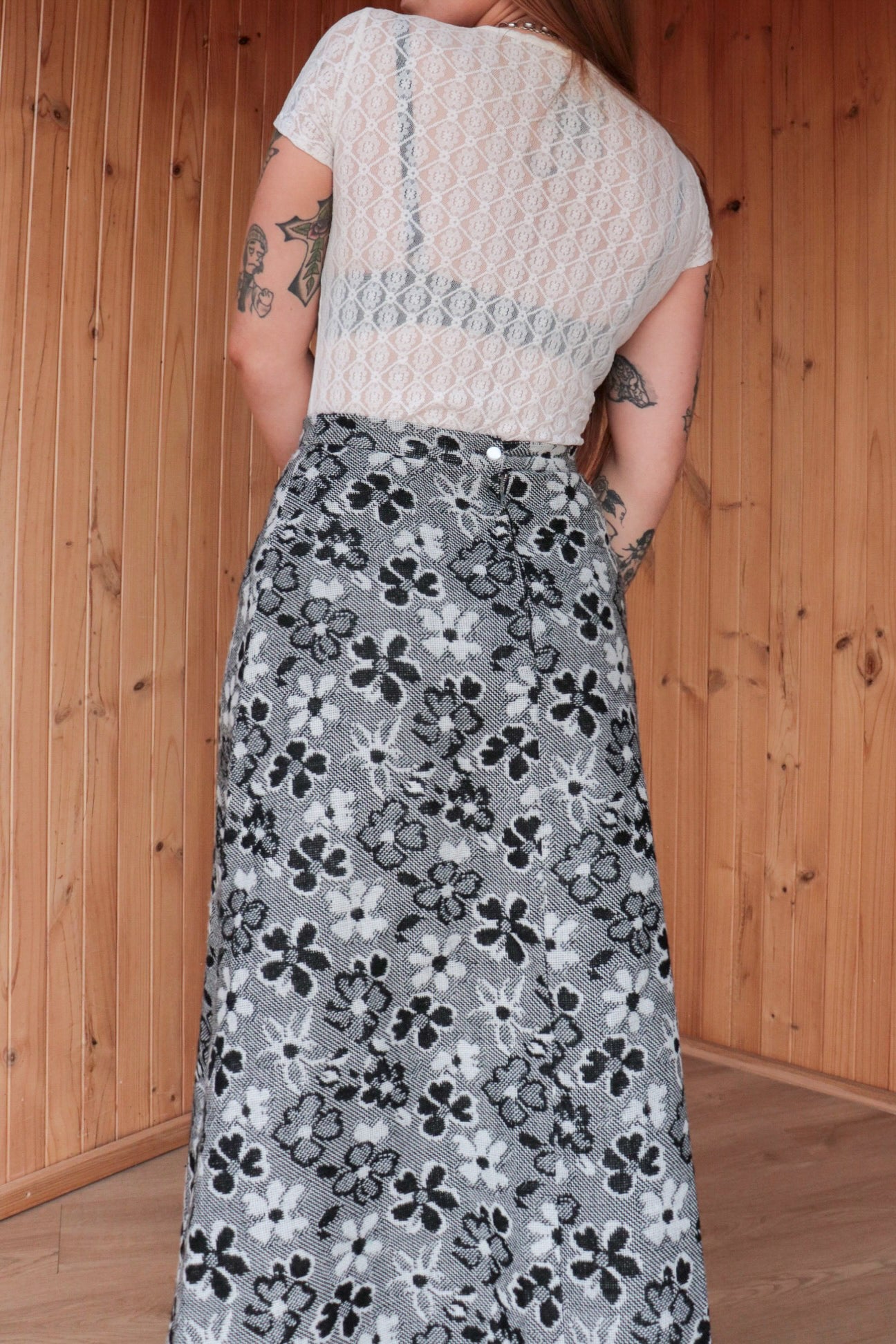 70s B/W Floral Maxi Skirt