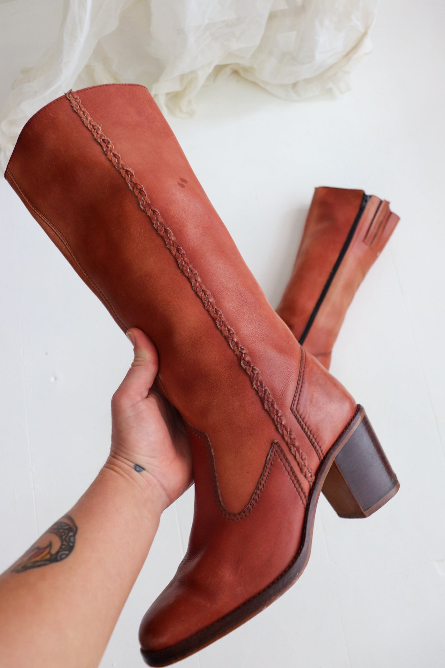 Blush Red Knee High Leather Boots