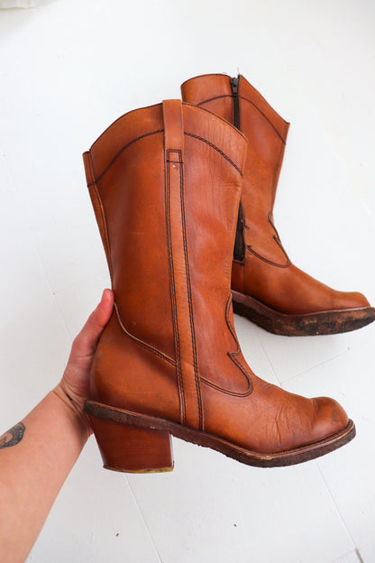 Leather Mid Calf Cowboy Boots