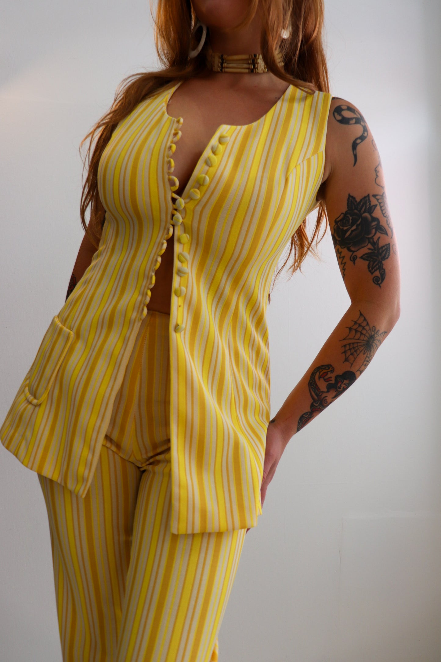 Yellow Toned Pinstriped Two Piece