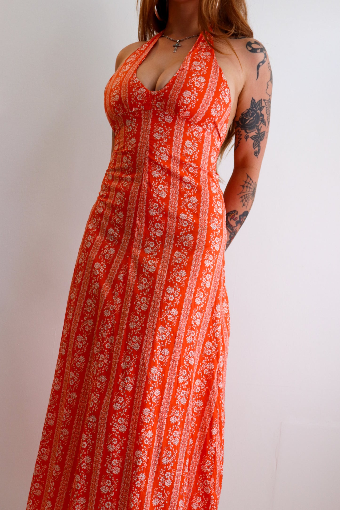 Orange Floral Halter Maxi Dress