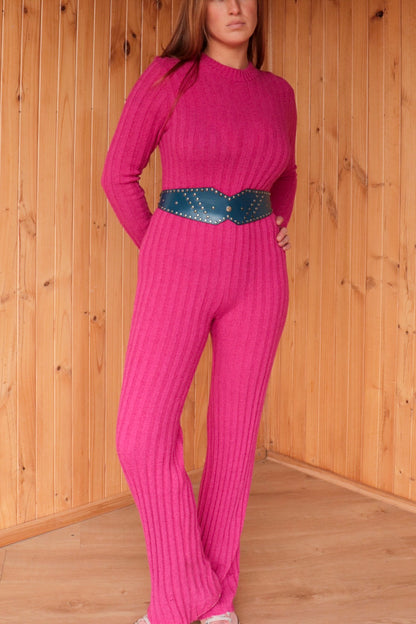 60s Pink Knit Flared Jumpsuit