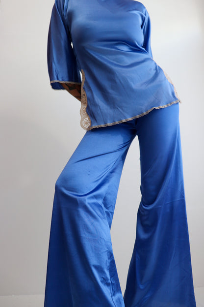 Blue Satin Lace Trim Two Piece