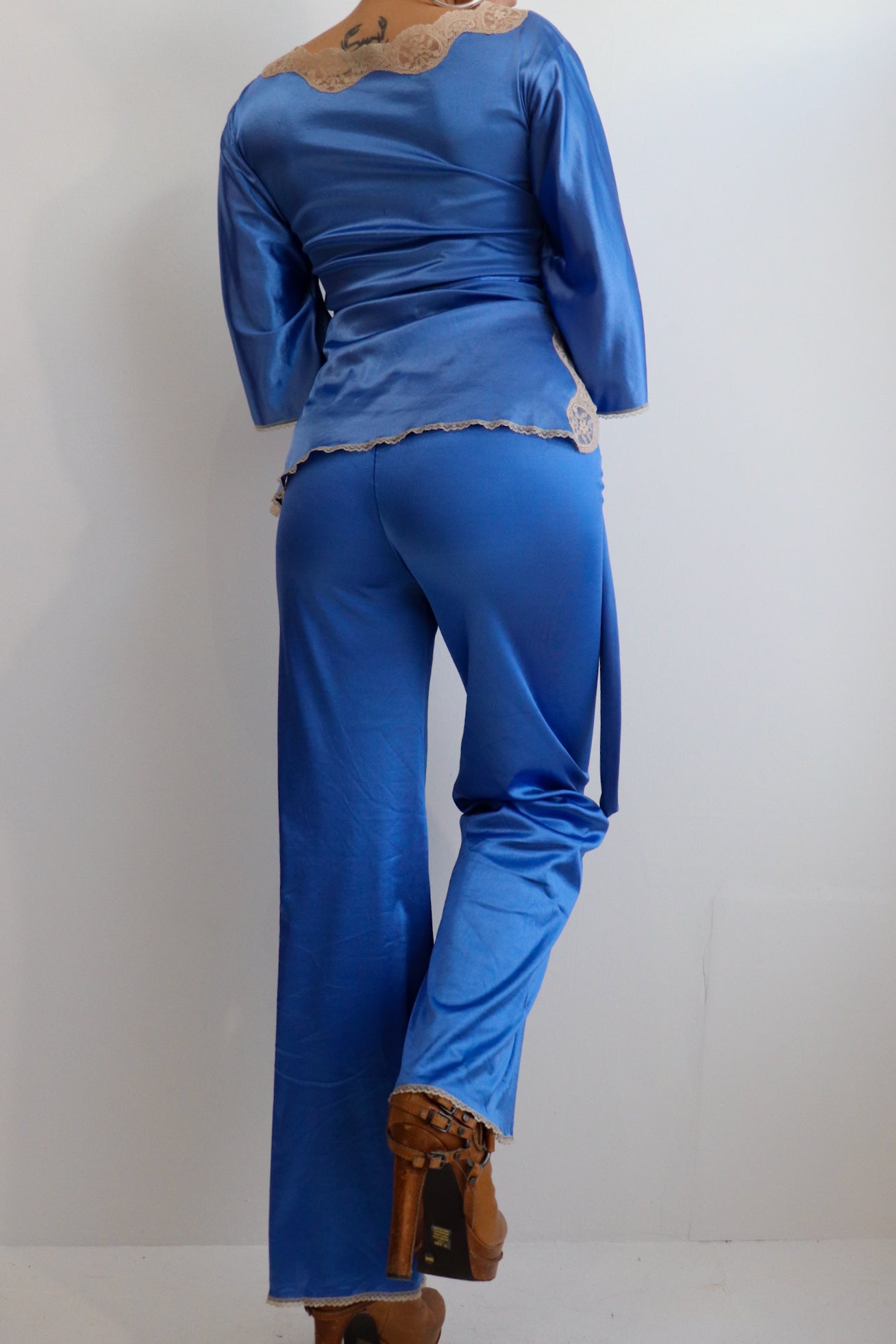 Blue Satin Lace Trim Two Piece