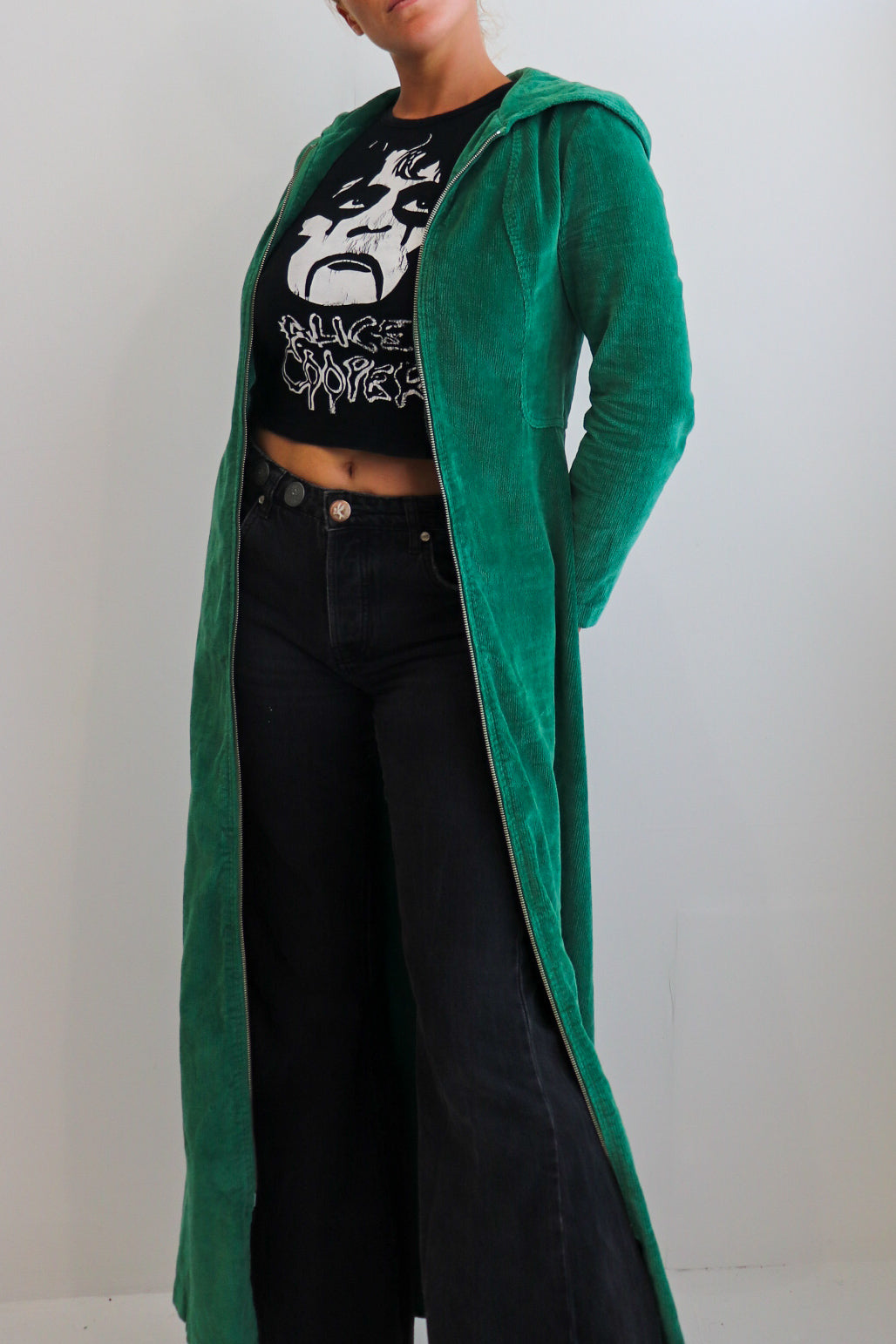 70s Green Corduroy Hooded Dress