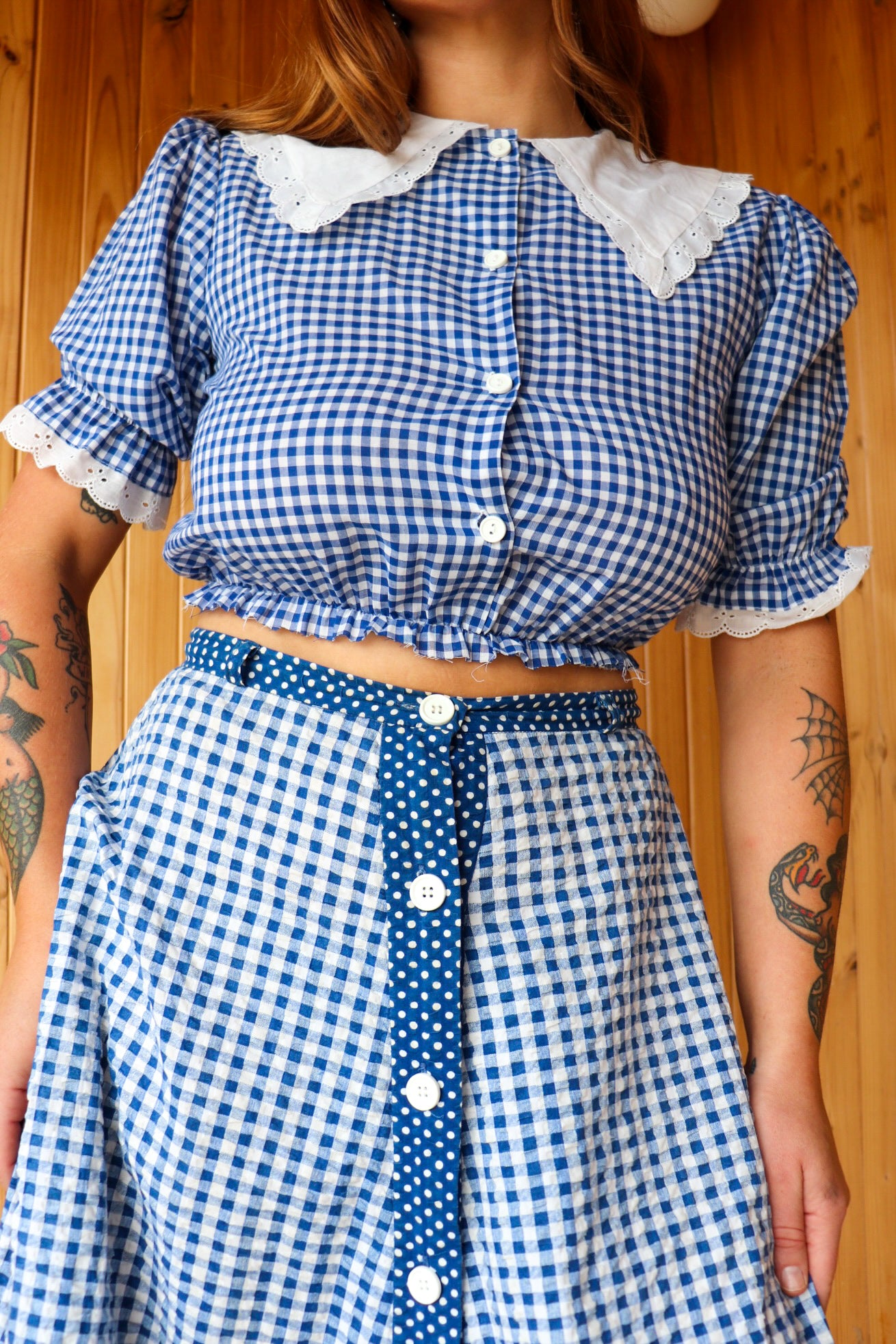 70s Blue Gingham Prairie Crop