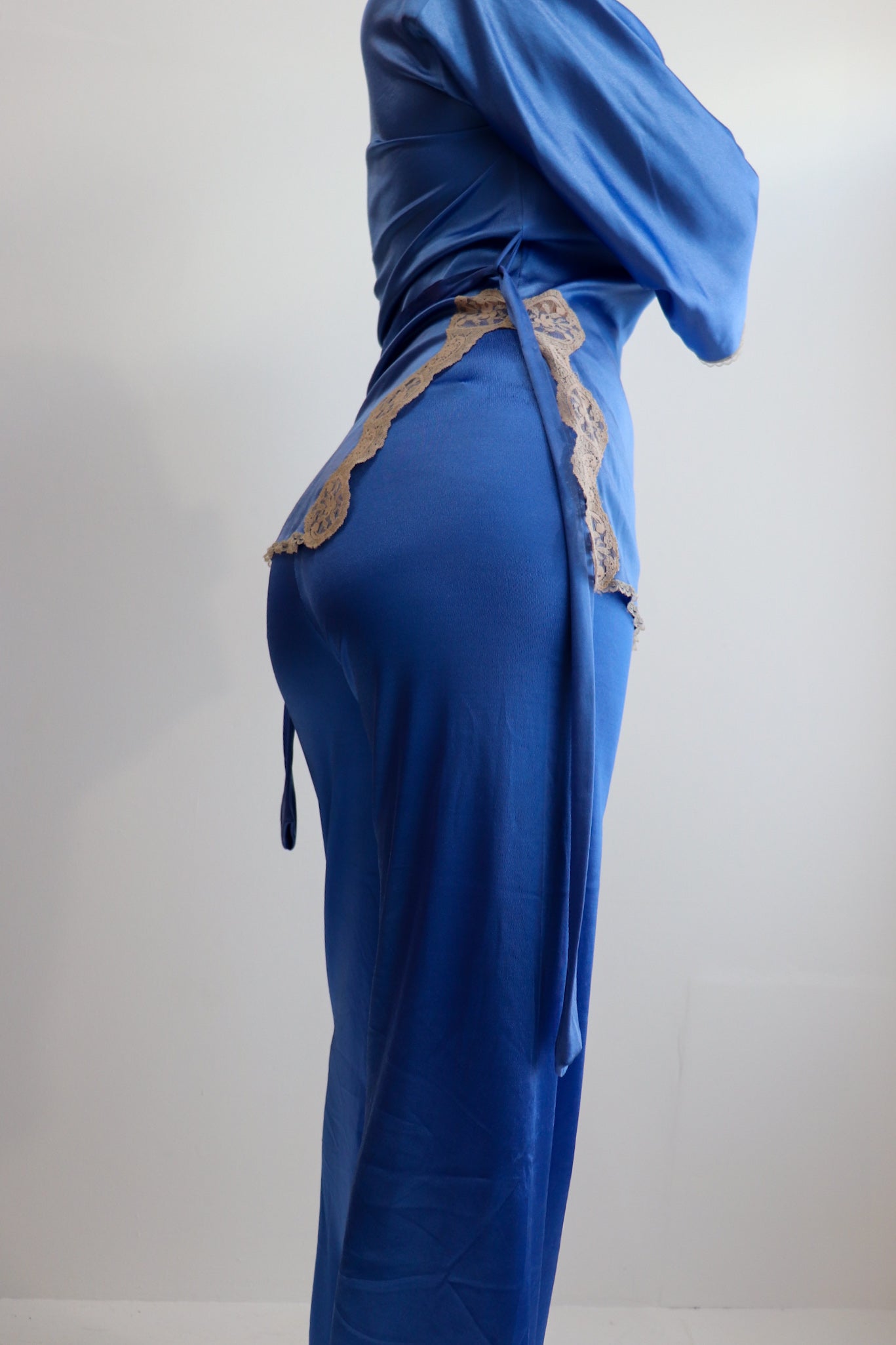 Blue Satin Lace Trim Two Piece