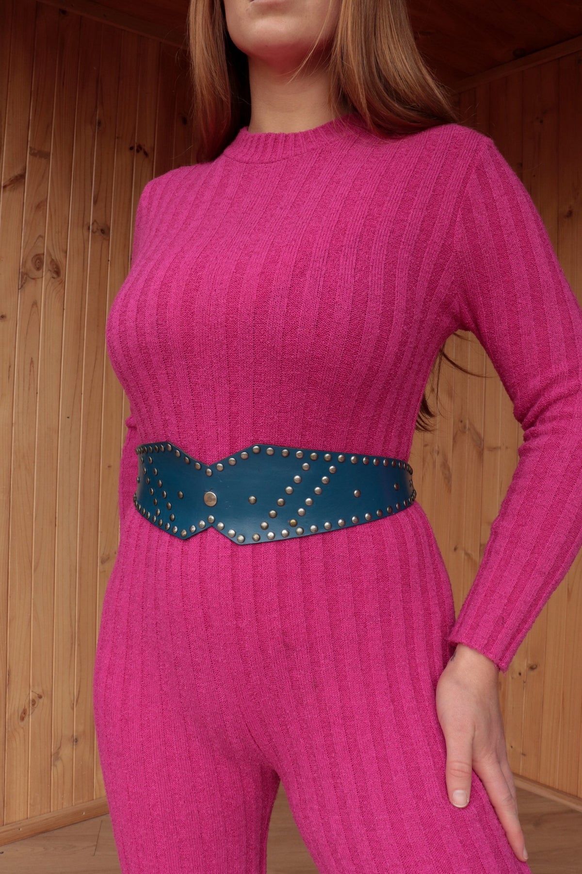 60s Pink Knit Flared Jumpsuit
