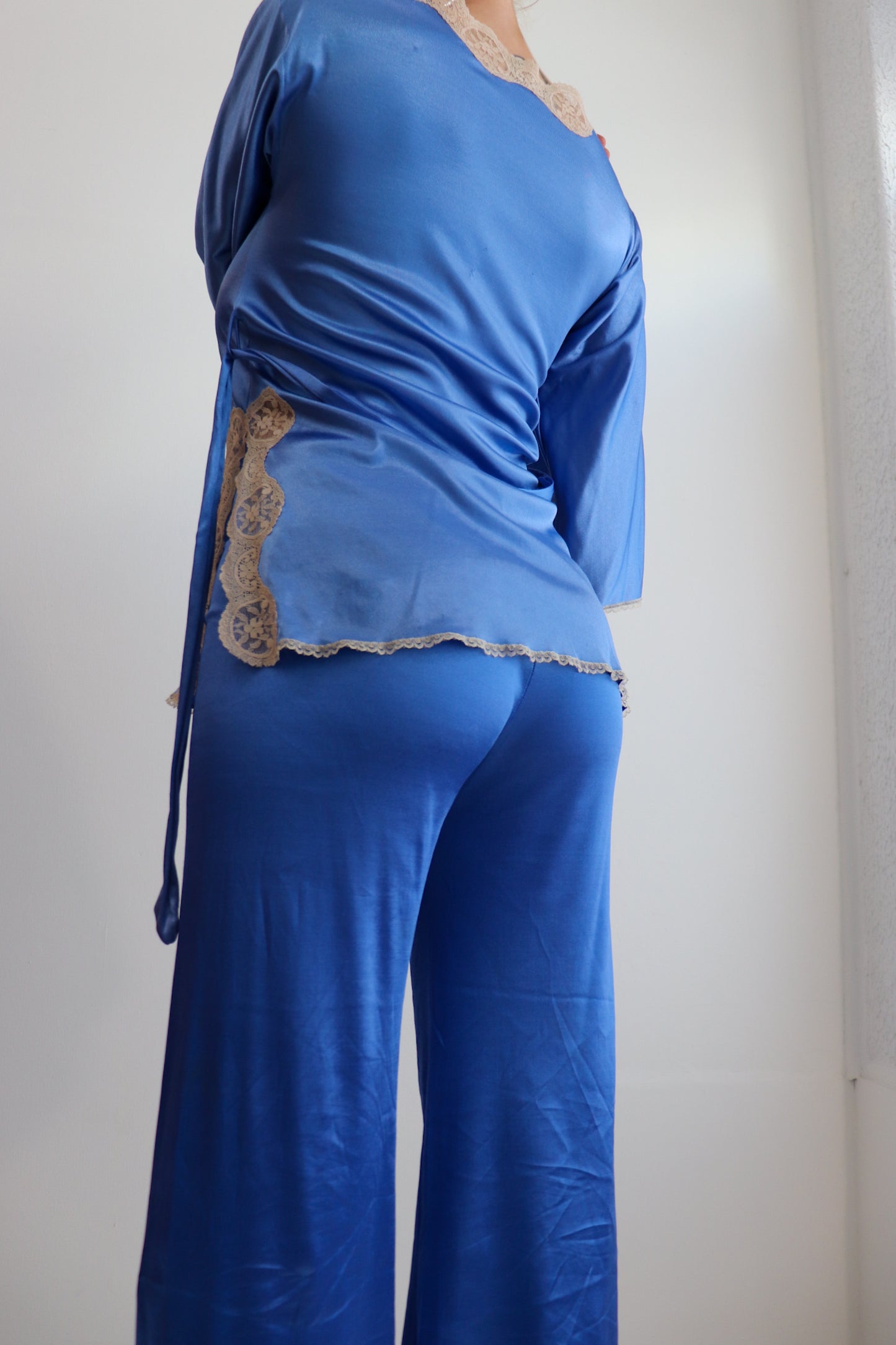 Blue Satin Lace Trim Two Piece