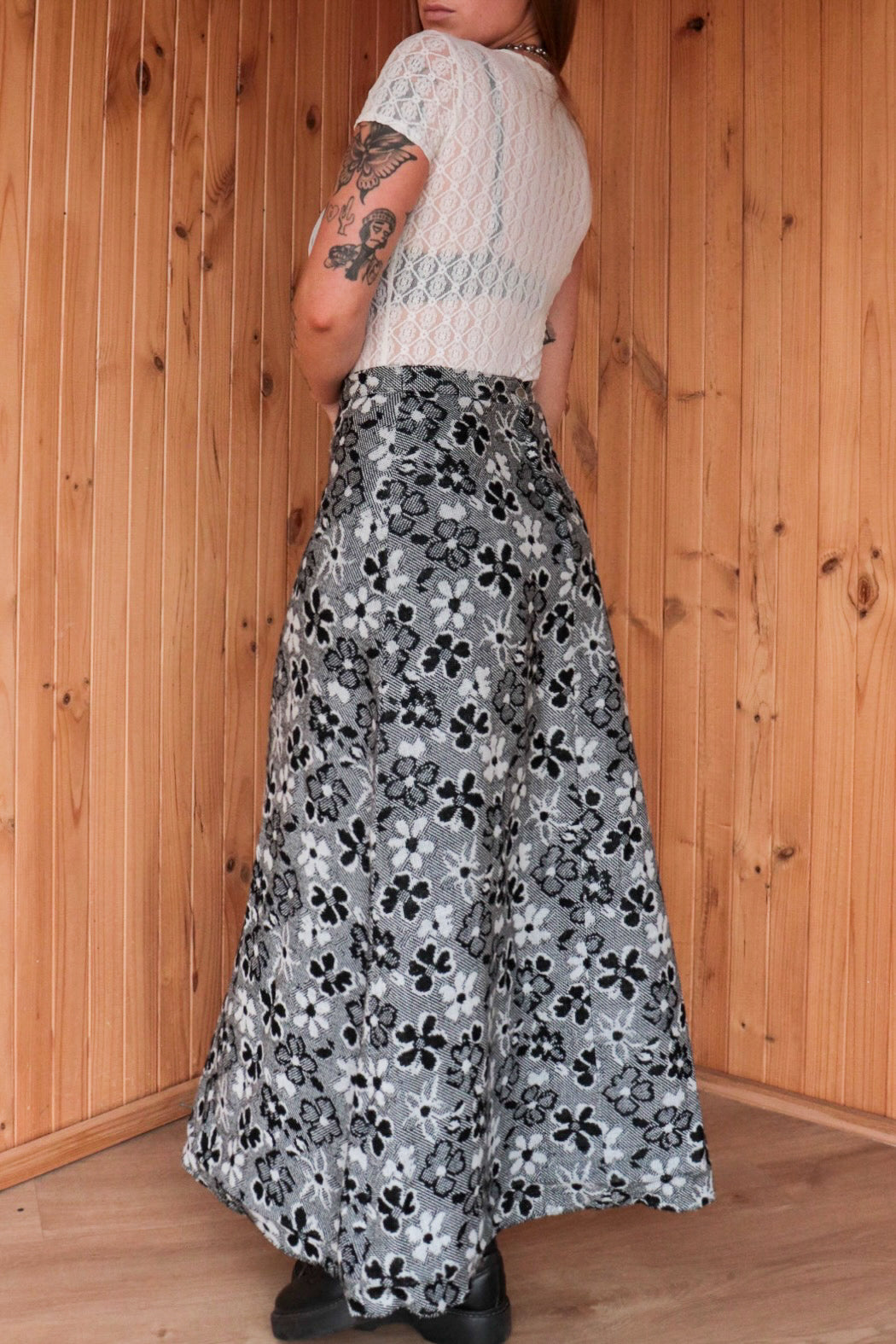 70s B/W Floral Maxi Skirt