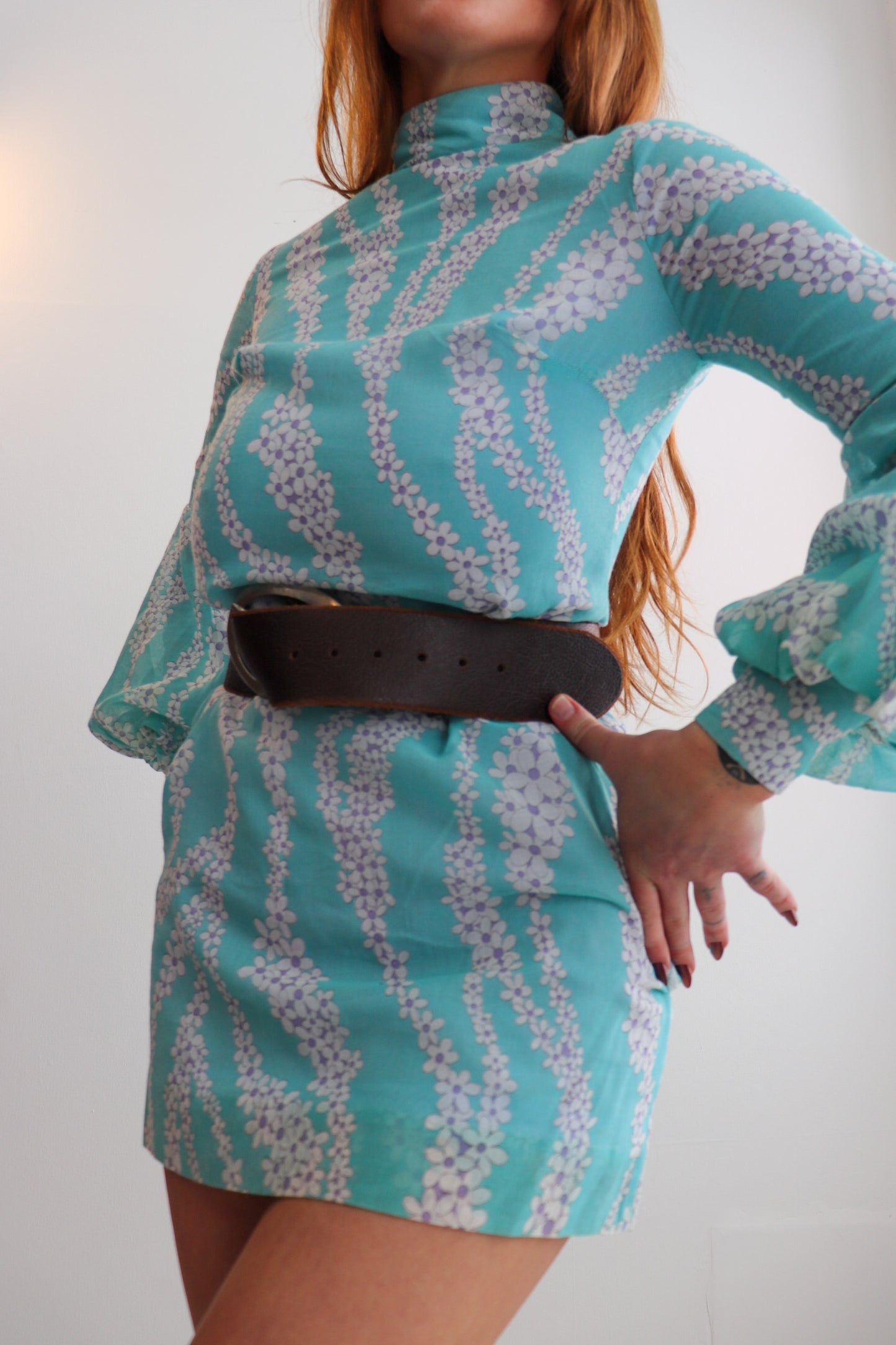 Blue Balloon Sleeve Mini Dress