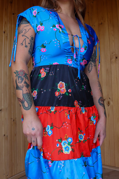 70s Pattern Satin Tie Up Midi