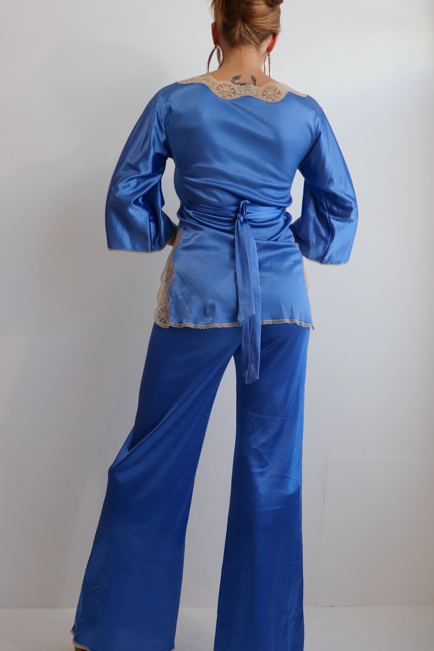 Blue Satin Lace Trim Two Piece