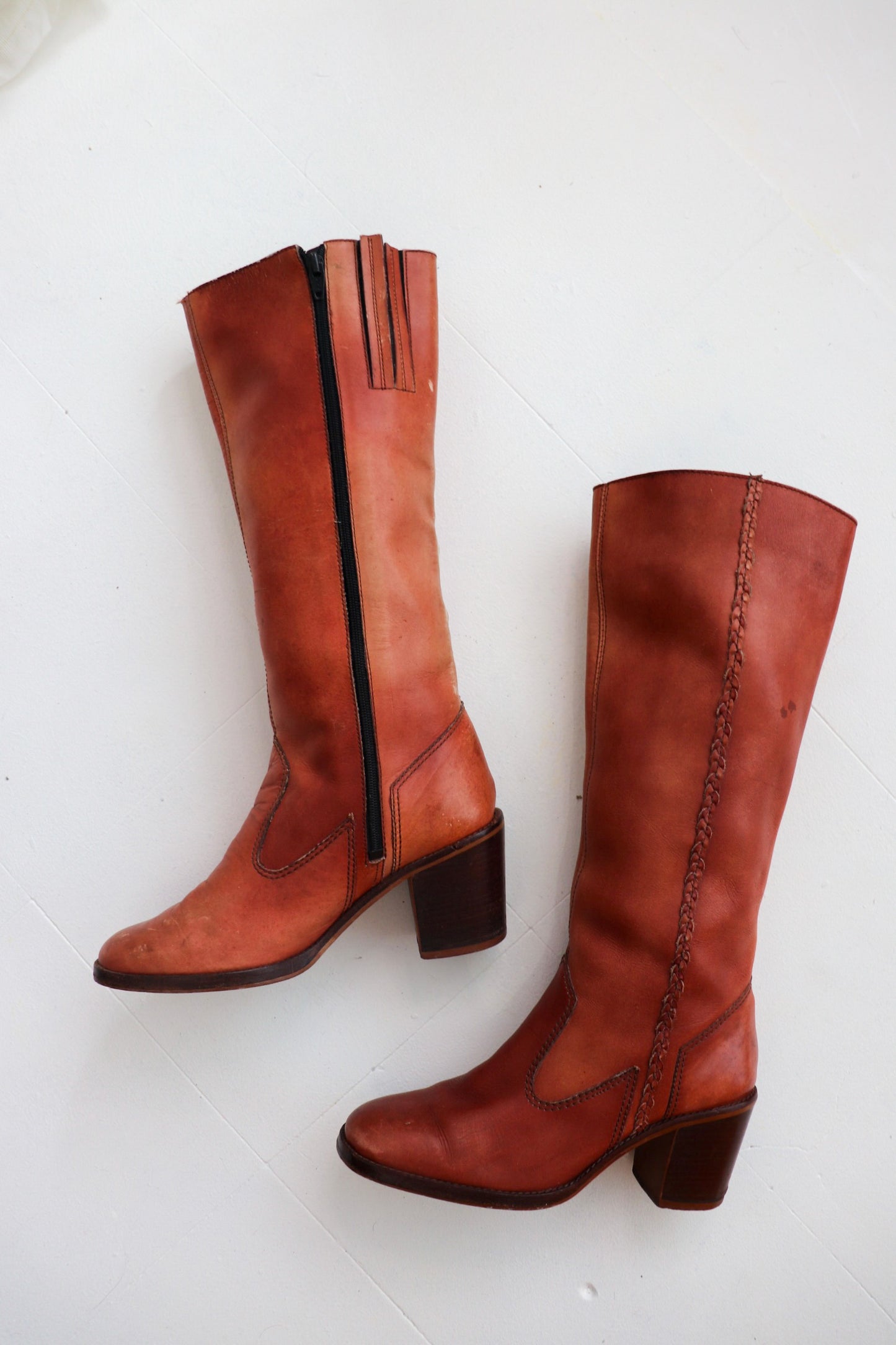 Blush Red Knee High Leather Boots