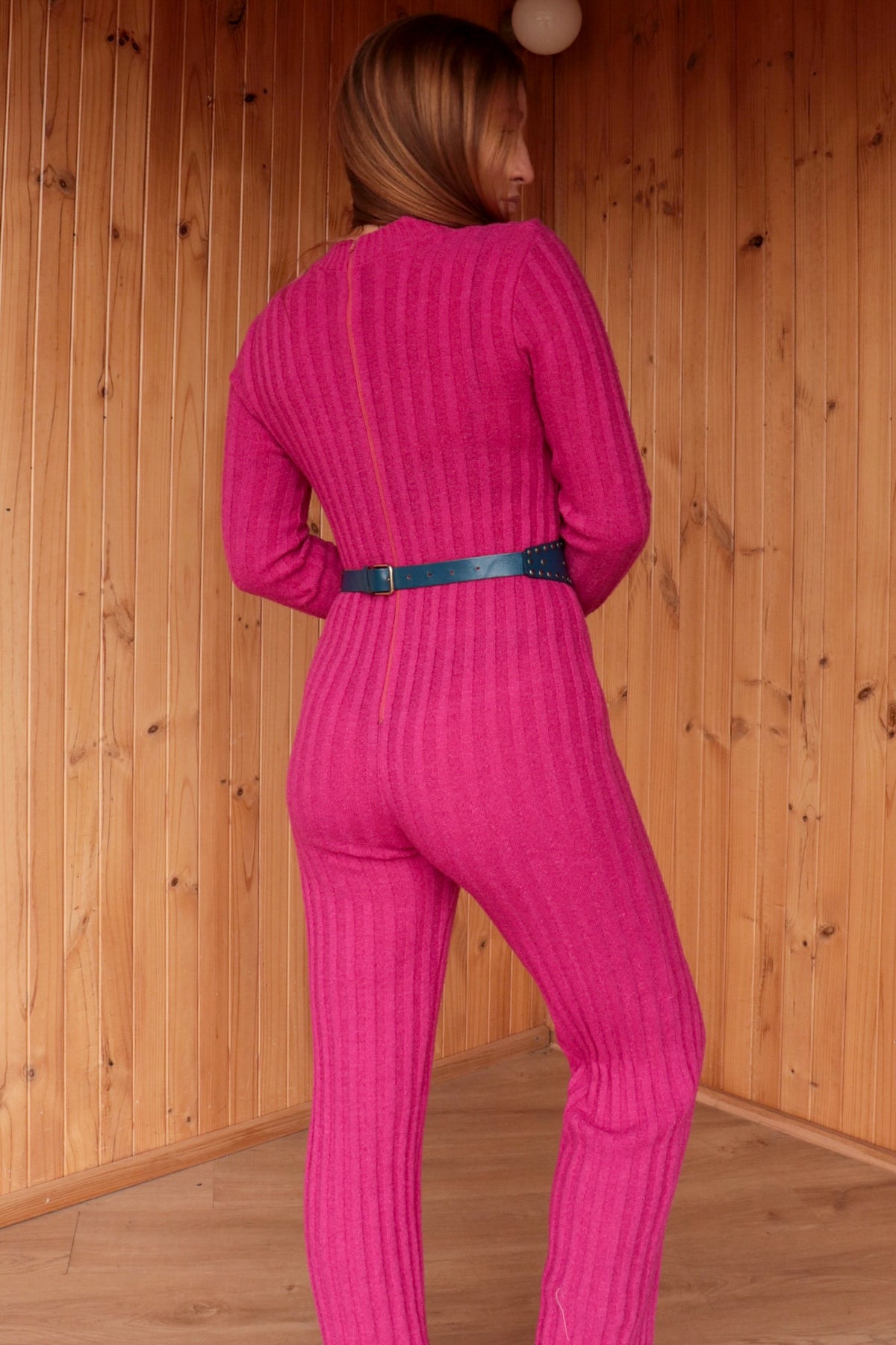 60s Pink Knit Flared Jumpsuit