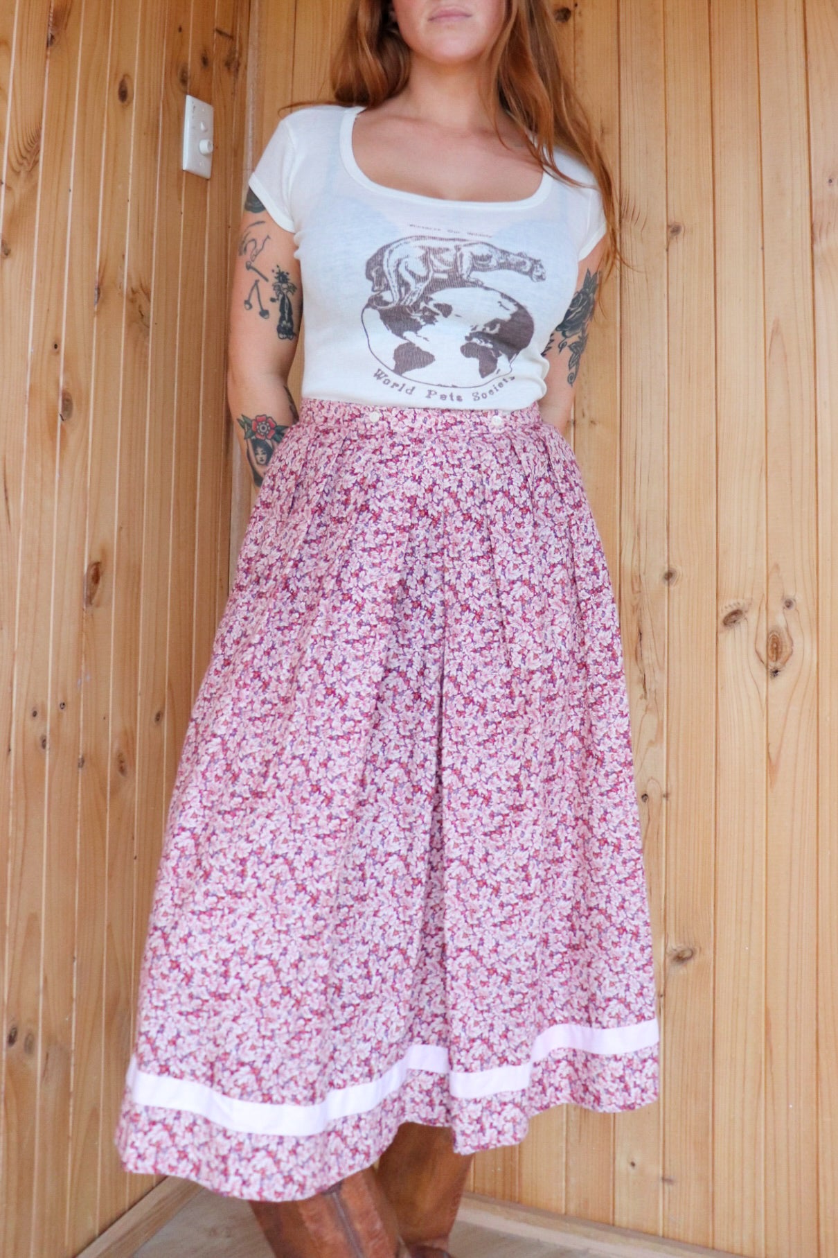 Red Floral Prairie Midi Skirt