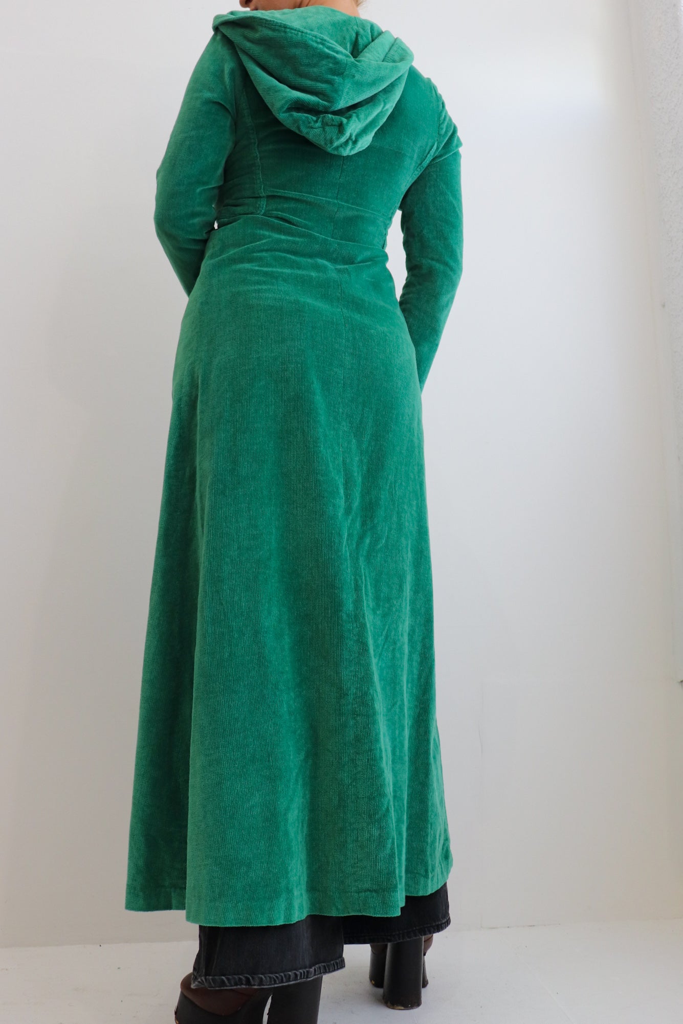 70s Green Corduroy Hooded Dress