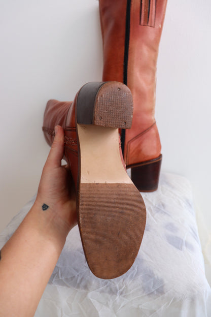 Blush Red Knee High Leather Boots