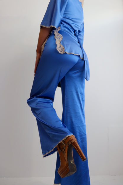 Blue Satin Lace Trim Two Piece