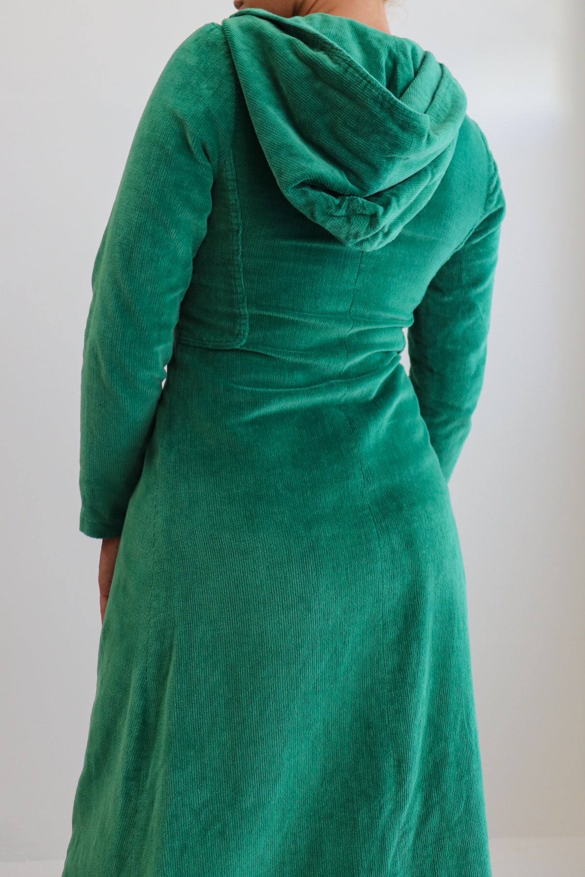 70s Green Corduroy Hooded Dress