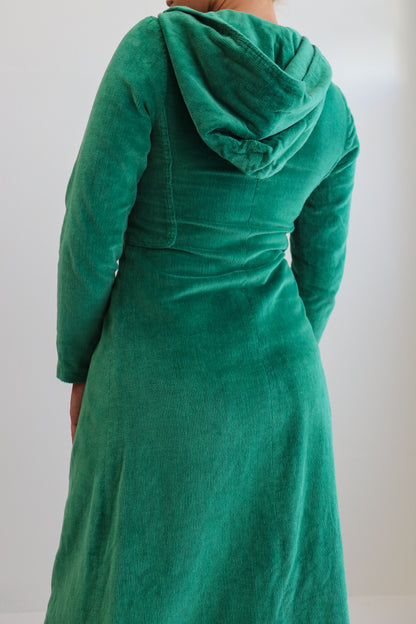 70s Green Corduroy Hooded Dress