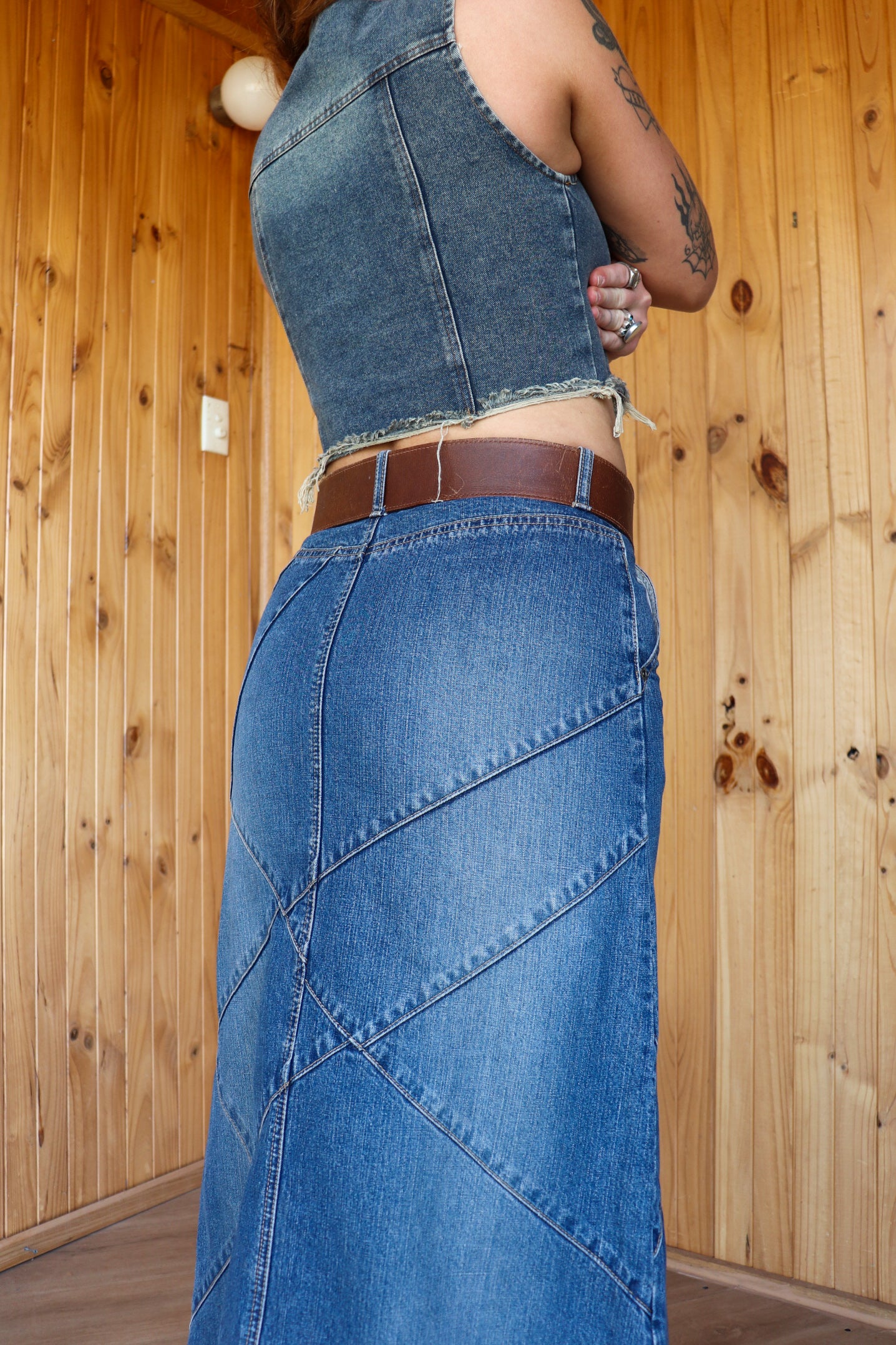 Patchwork Denim Midi Skirt