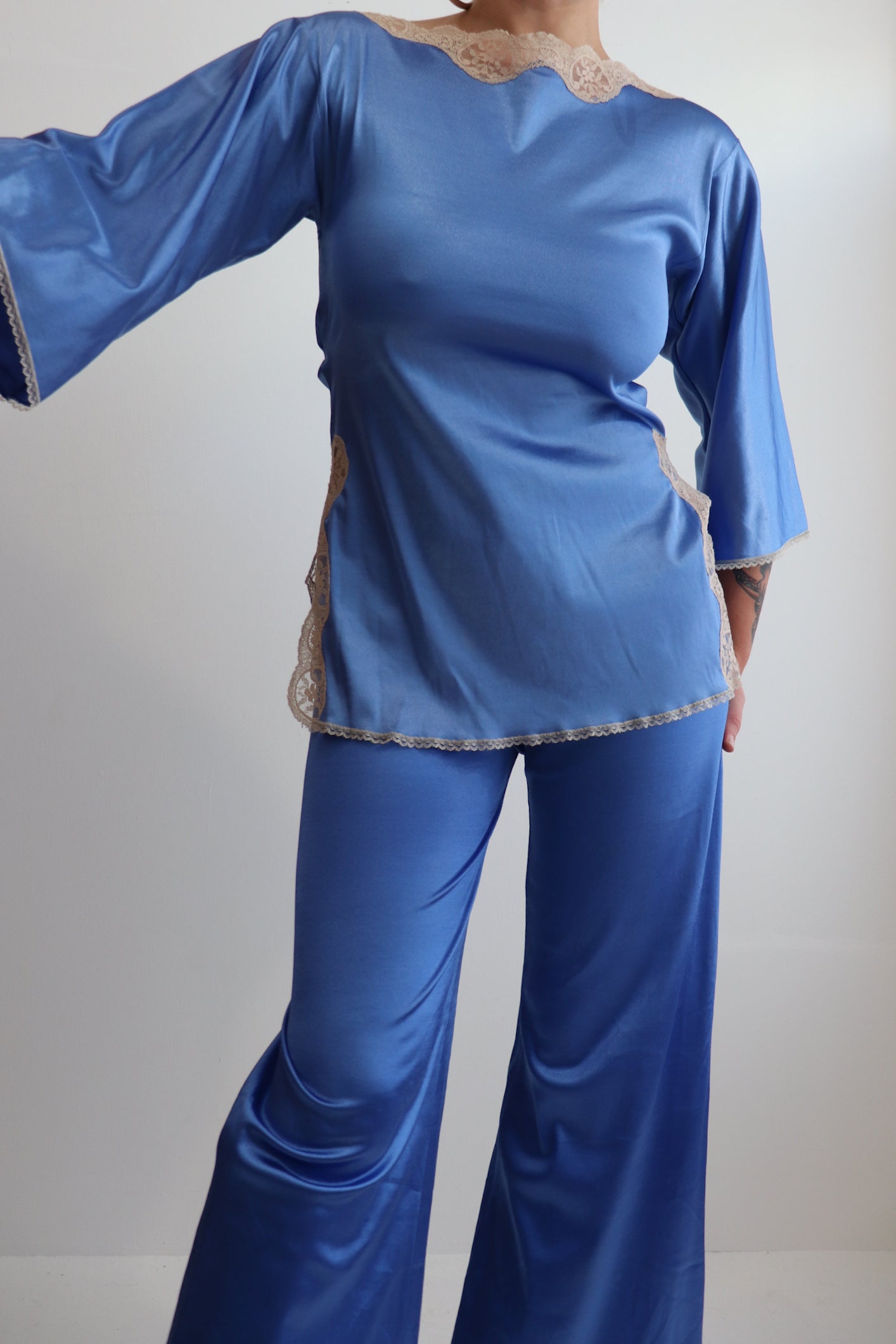 Blue Satin Lace Trim Two Piece