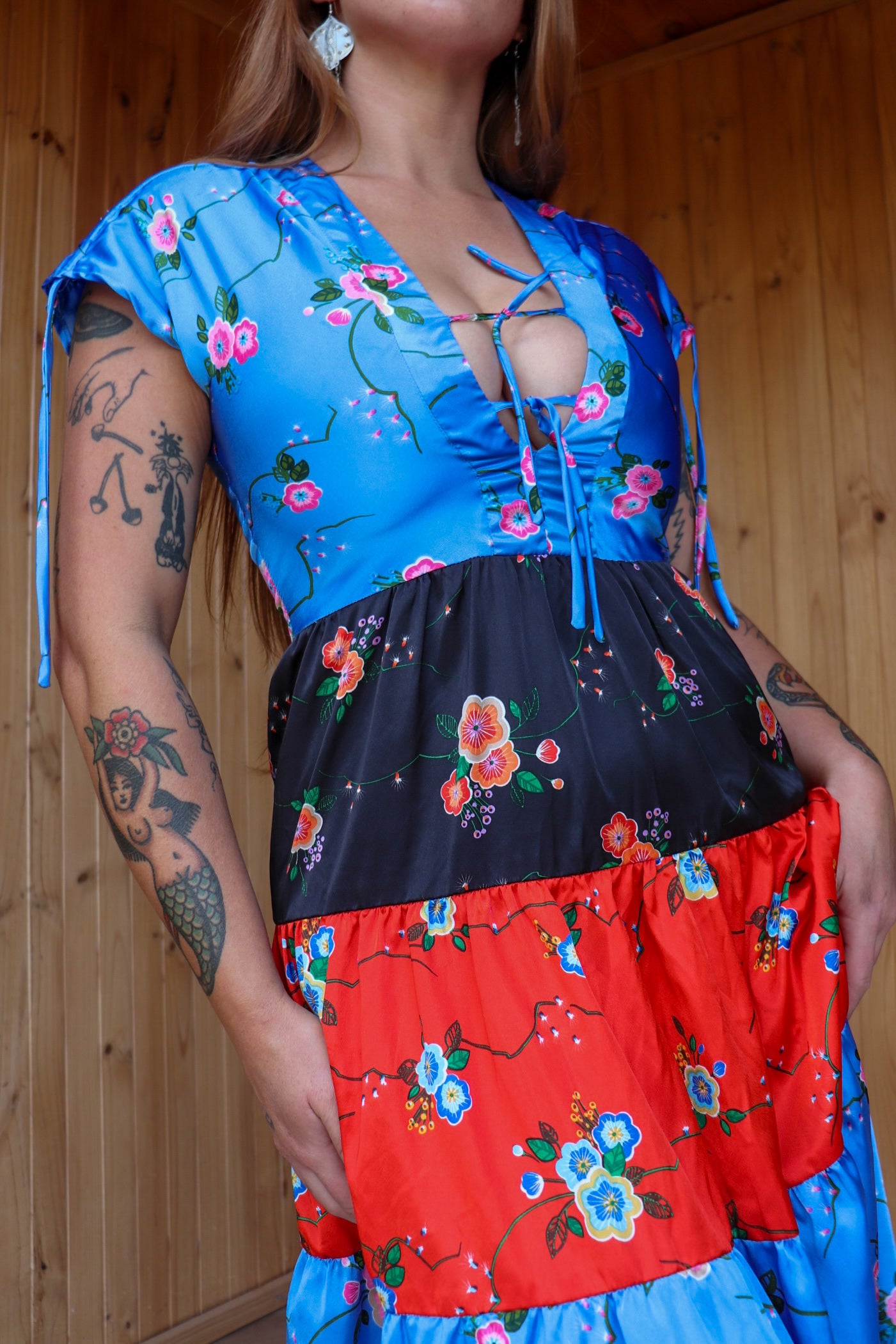 70s Pattern Satin Tie Up Midi
