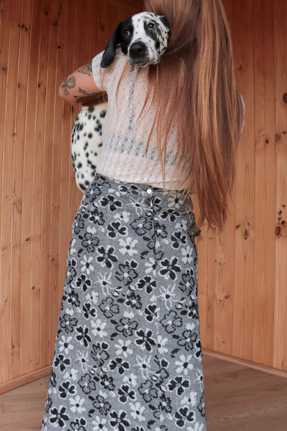 70s B/W Floral Maxi Skirt