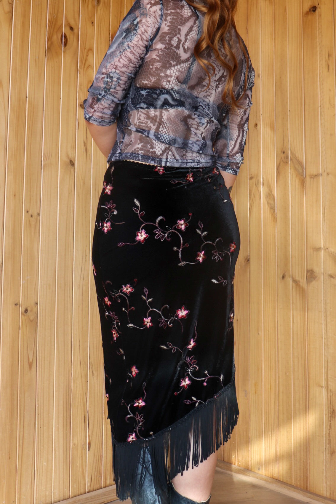 1990s Black Velvet Fringe Midi Skirt