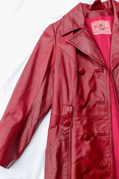 70s Burgundy Leather Trench Coat