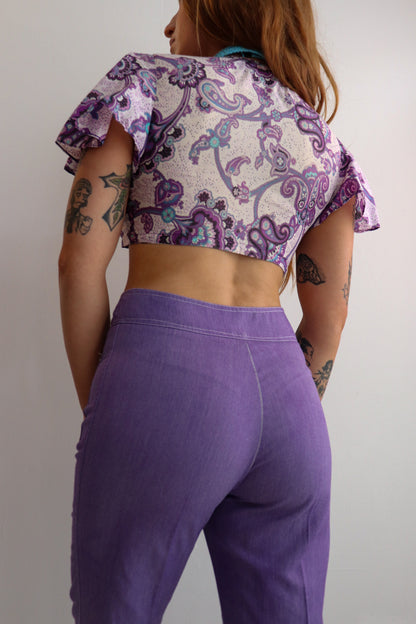 Purple Paisley Tie Front Crop