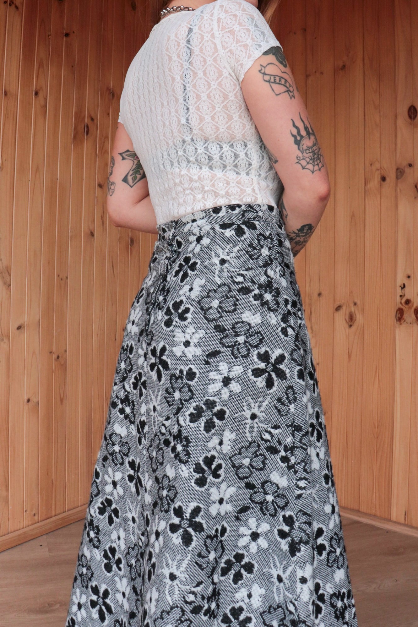 70s B/W Floral Maxi Skirt