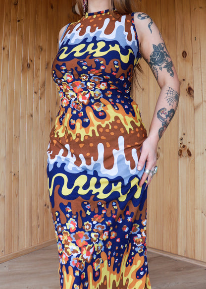 70s Psychedelic Drip Maxi Dress