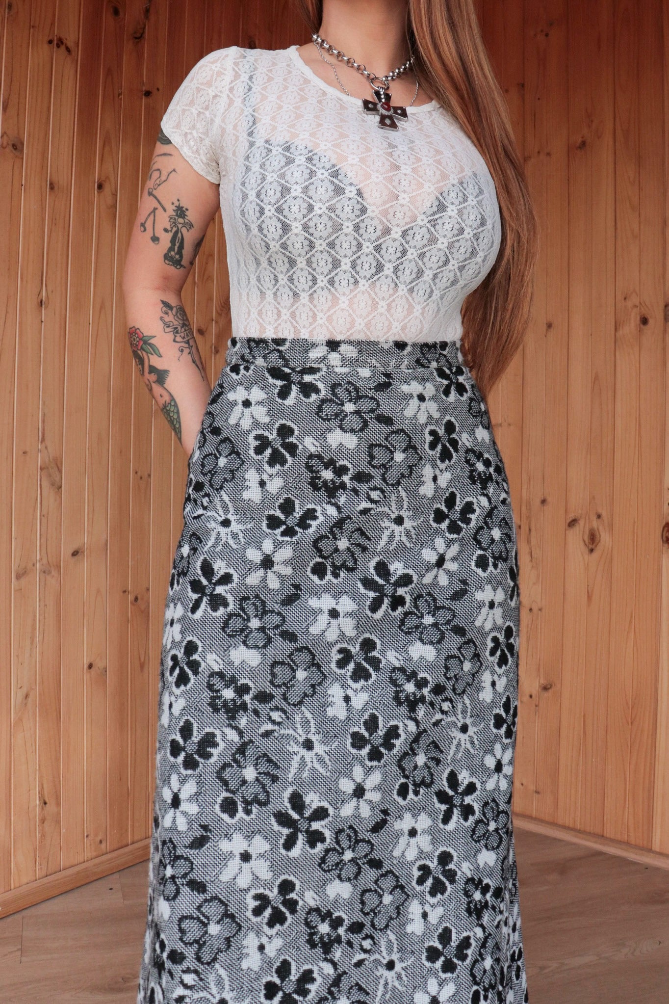 70s B/W Floral Maxi Skirt